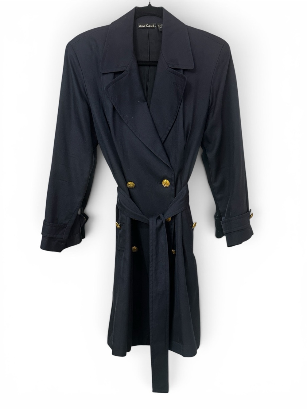 Anne Klein Navy Double-Breasted Trench Coat with Gold Buttons